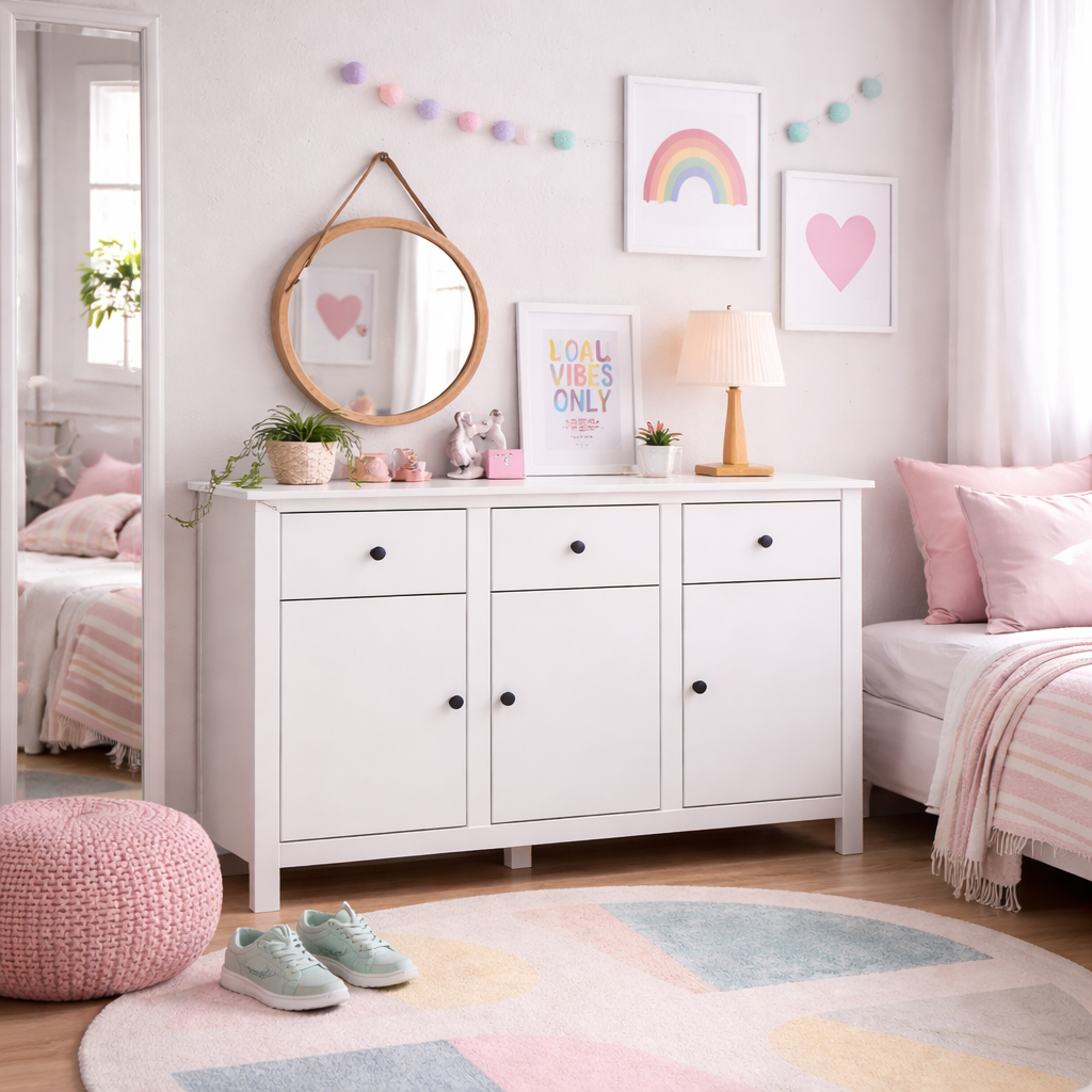 Aparador blanco moderno con cajones y puertas