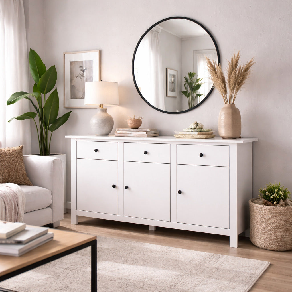 Aparador blanco moderno con cajones y puertas