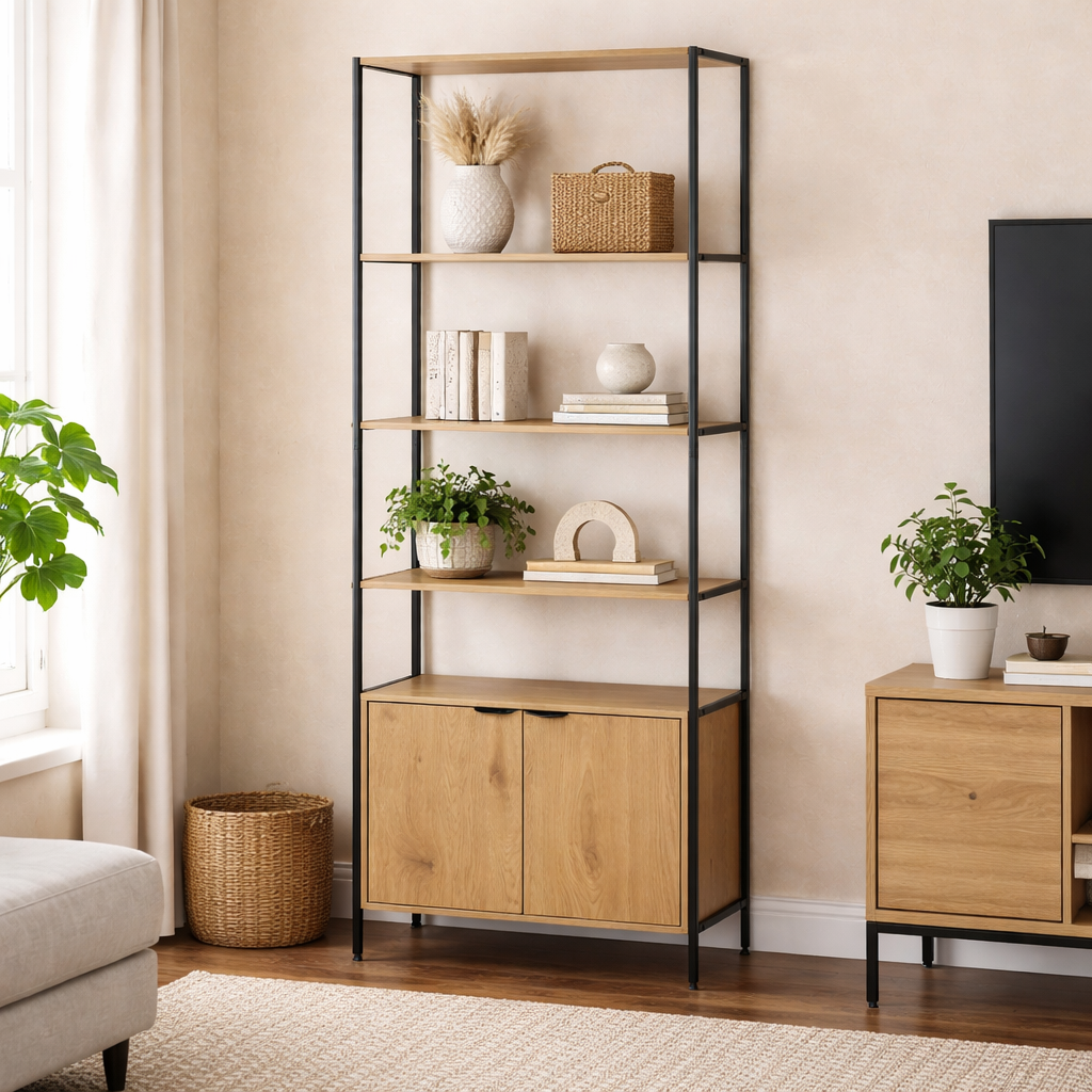 Armario-estantería con baldas abiertas y mueble inferior con puertas, acabado en roble wild de 177x68x35cm