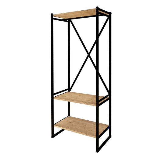 Buyqualia Mueble recibidor de Estilo Industrial con estantes y Barra para Colgar en melamina y Estructura de Acero en Negro (Alto 160 / Ancho 66 / Fondo 34) cm