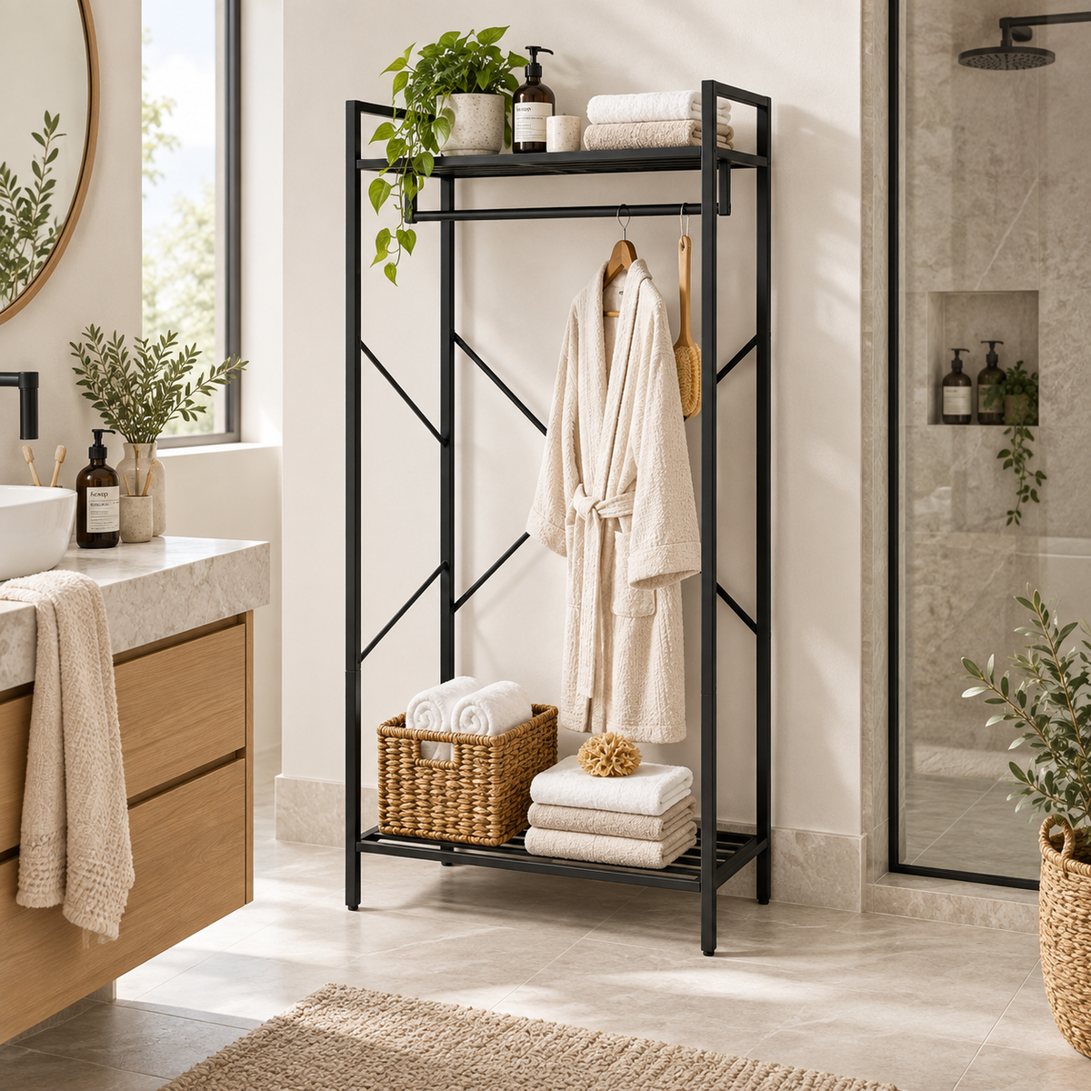 Estantería Metálica de 2 Niveles para Almacenamiento Organizador Vertical Multifuncional Color Negro