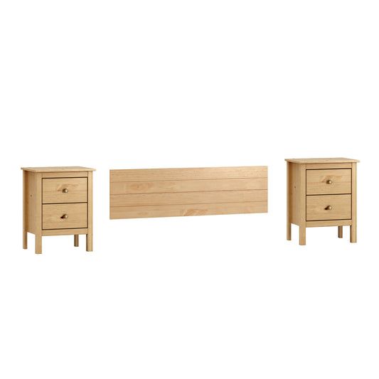 Conjunto de cabecero y Dos mesitas de Noche de Dos cajones en Madera Maciza (Natural) - Buyqualia