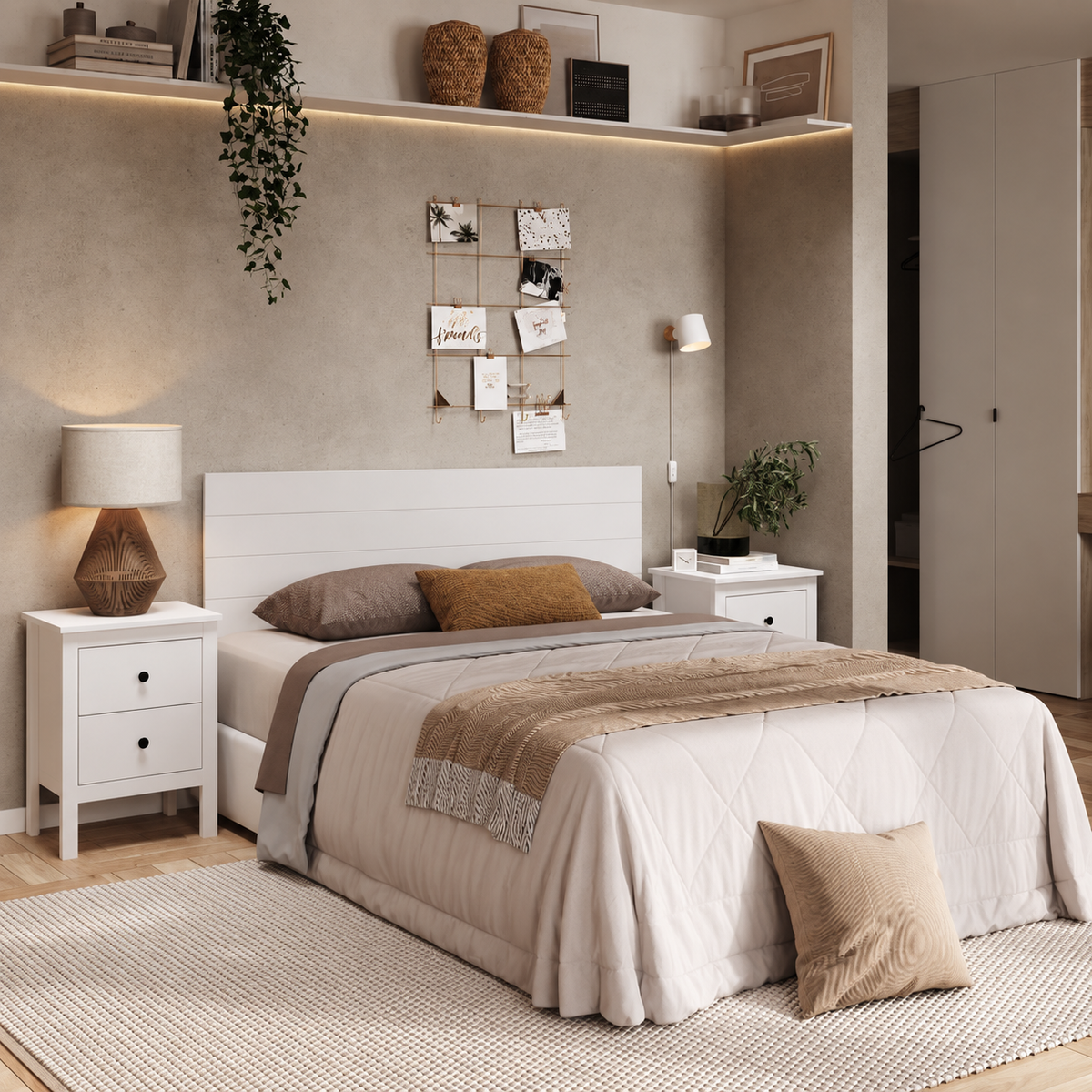 Cabecero de Cama Blanco Moderno con Diseño de Líneas Horizontales