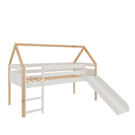 Cama infantil estilo casita con Tobogán y Escalera - 45x195x97 cm (Blanco y Madera) - Buyqualia
