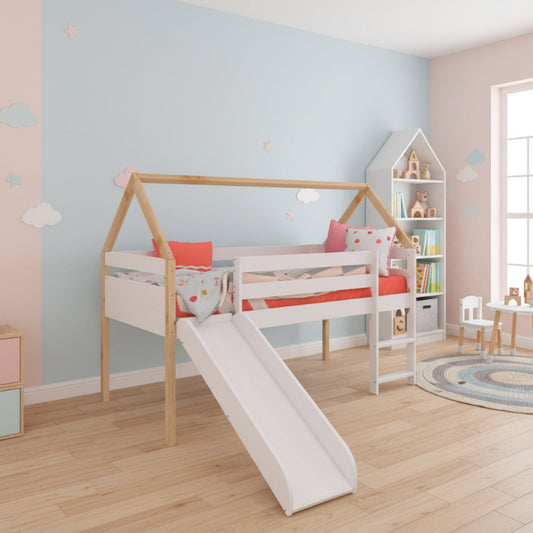 Cama infantil estilo casita con Tobogán y Escalera - 45x195x97 cm (Blanco y Madera) - Buyqualia