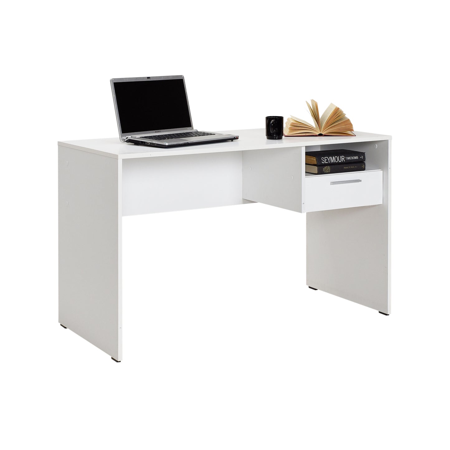 Buyqualia Mesa Escritorio Cajón con Cerradura y Estante en Color Blanco y Roble
