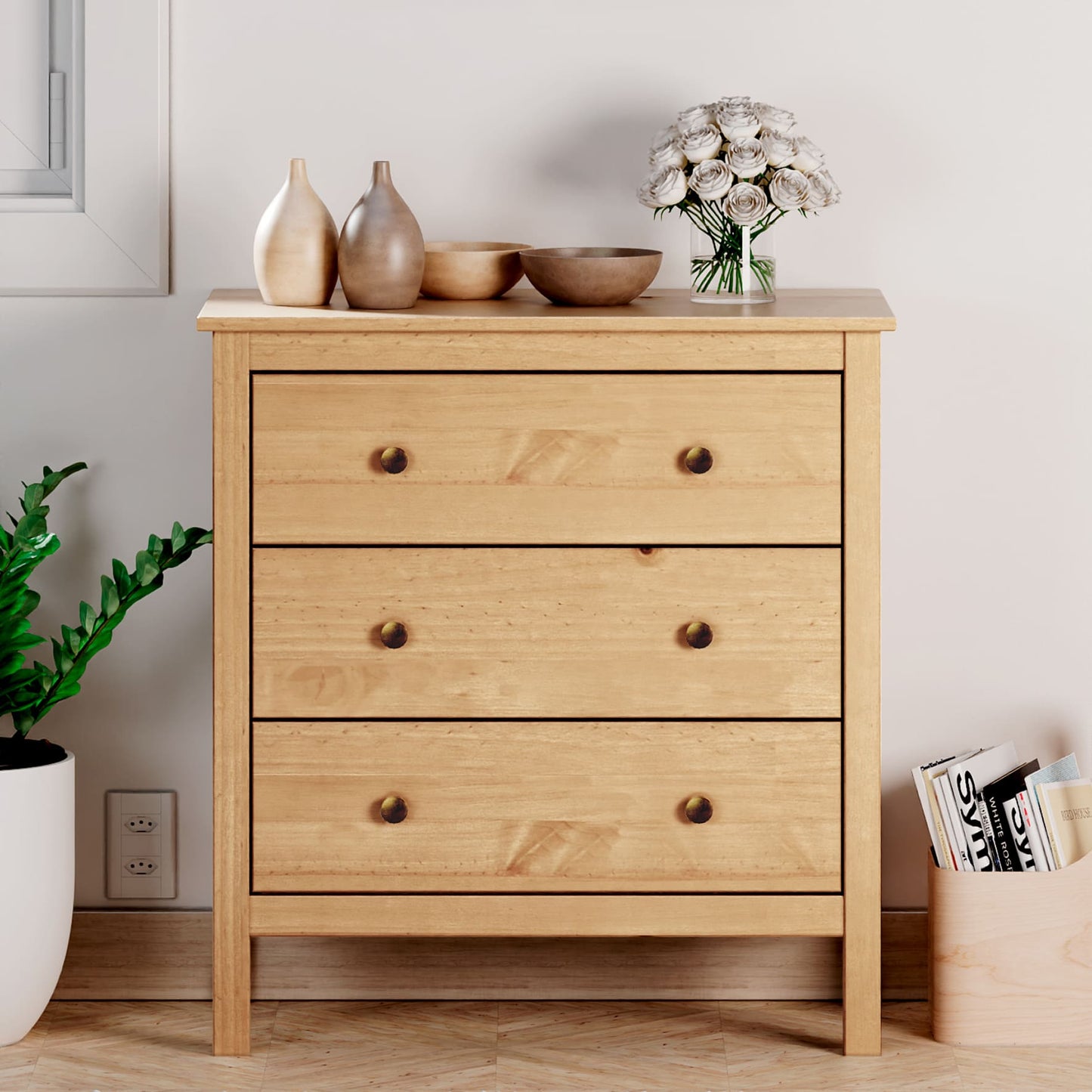 Comoda 3 Cajones Magda - Madera Maciza - Miel Roble - 81x76x40cm - Buyqualia