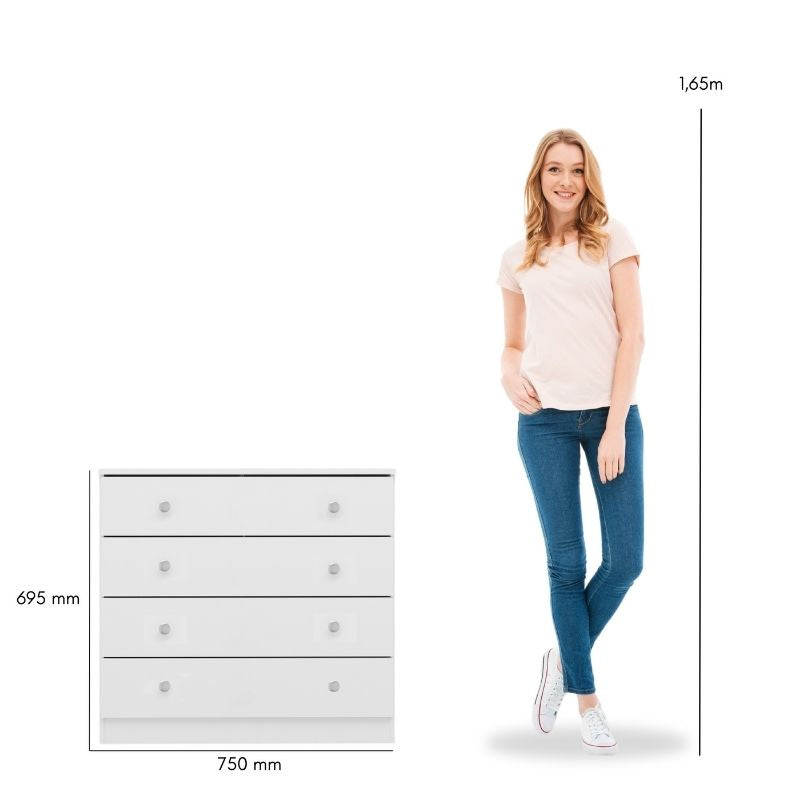 Cómoda Blanca 70x75x36 cm con 4 Cajones – Cómoda de Dormitorio Moderna y Funcional
