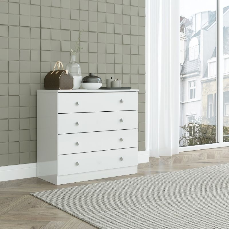 Cómoda Blanca 70x75x36 cm con 4 Cajones – Cómoda de Dormitorio Moderna y Funcional
