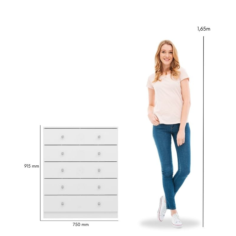 Cómoda blanca de 5 cajones para recámara