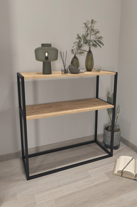 Buyqualia Consola recibidor de Estilo Industrial con estantes en melamina - Color safir y Estructura de Acero en Negro (Alto 90 / Ancho 90 / Fondo 34) cm