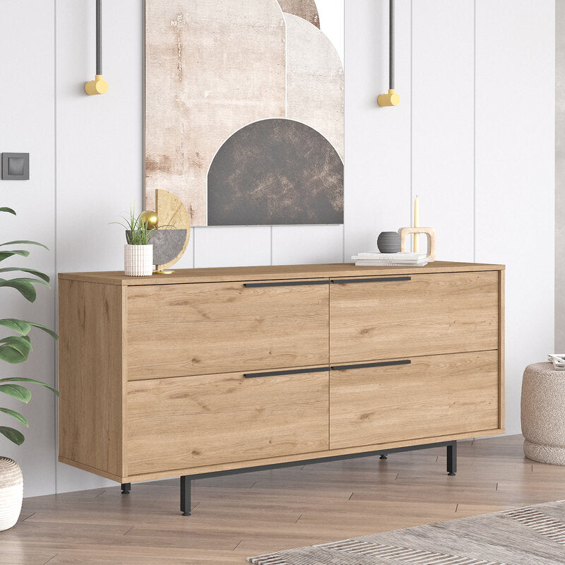 Cómoda moderna tipo madera con 4 cajones y base metálica