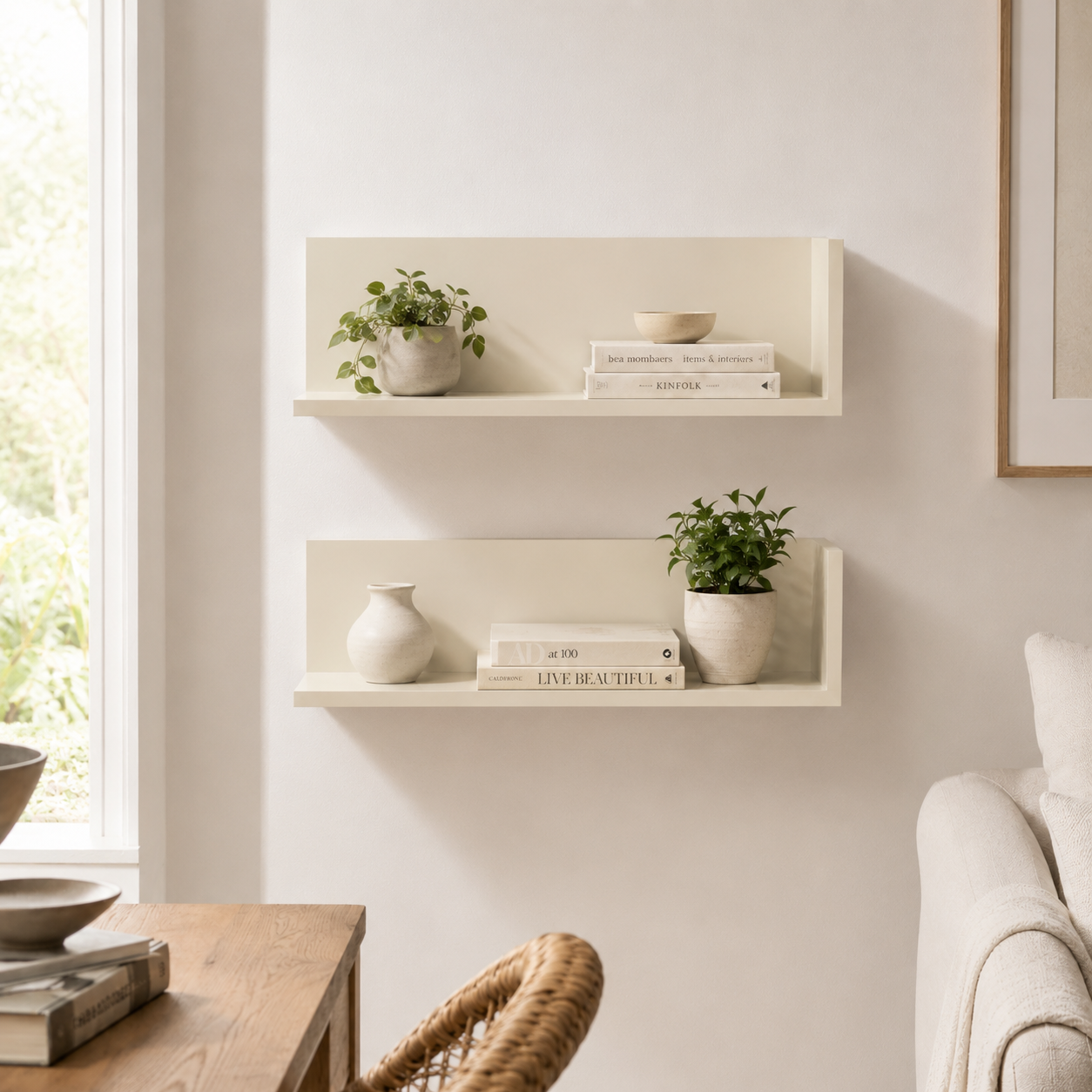 Estantería de Pared en Color Beige – 17x45x20 cm | Diseño Funcional con Balda Inferior y Balda Lateral Derecha - Buyqualia