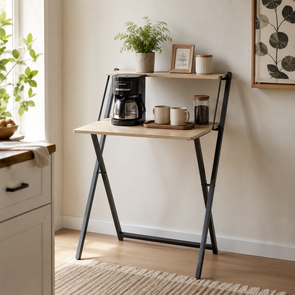 Escritorio plegable compacto de madera y metal con repisa superior