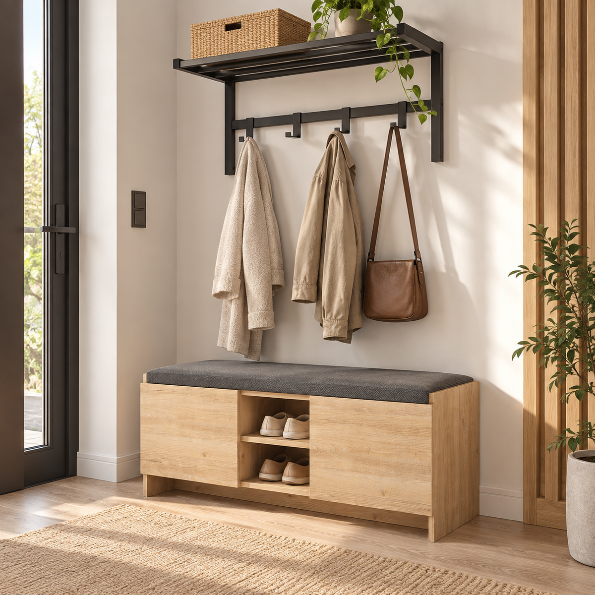 Perchero de pared negro con 4 ganchos y estante superior – Práctico y decorativo