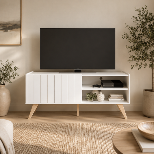 Mueble de TV Moderno - Estilo Escandinavo Blanco con Patas de Madera - 136x59x36cm - Buyqualia