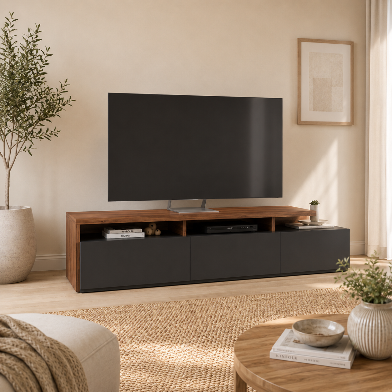 Mueble Bajo de TV - Con Diseño Asimétrico En Madera y Negro Mate - 3 Cajones - 210x51x45 cm - Buyqualia