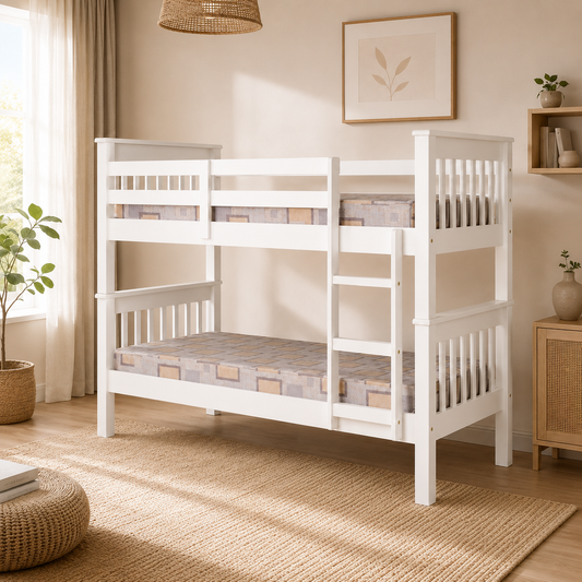 Litera de Madera Blanca 151x205x105 cm | Cama Doble Compacta con Escalera y Baranda de Seguridad | Diseño Moderno para Niños y Adultos - Buyqualia