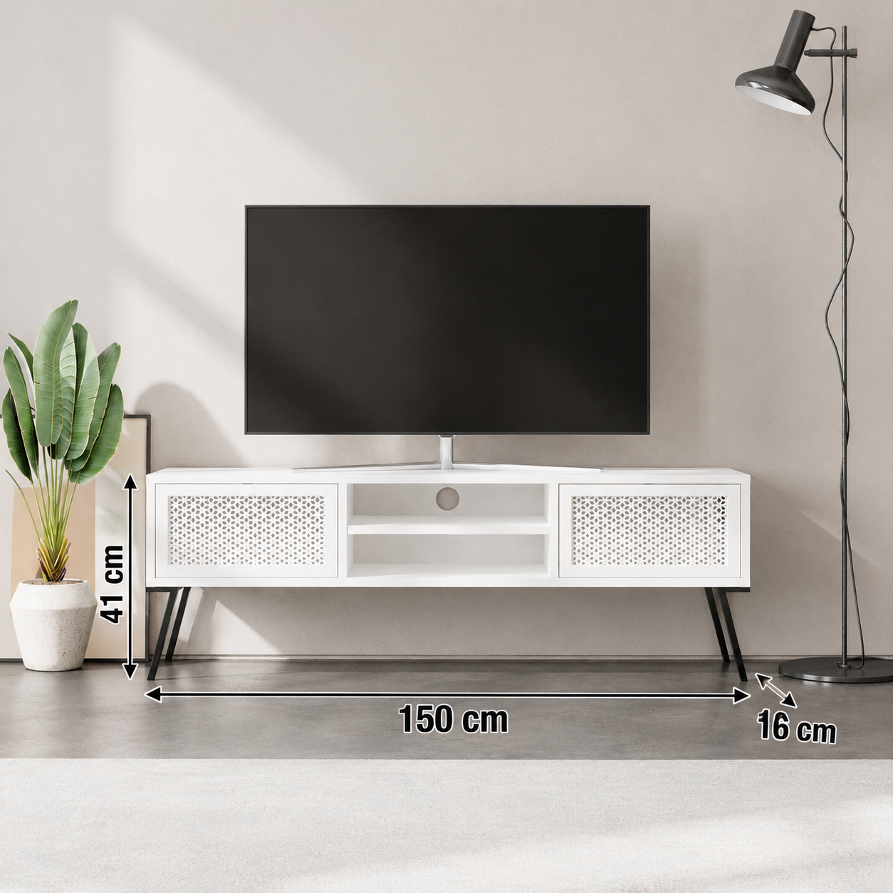 Buyqualia - Mueble para TV con Puertas Decoradas y Estantes Abiertos – Blanco – 140x51x36 cm – Estilo Moderno y Funcional