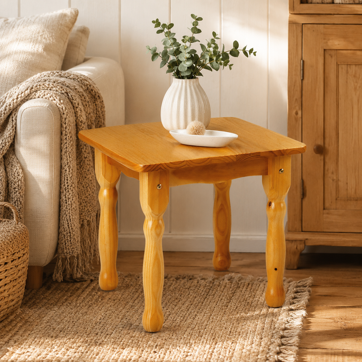 Mesa de centro de madera maciza Estilo clásico rústico, patas torneadas, acabado natural Ideal para salón o sala de estar
