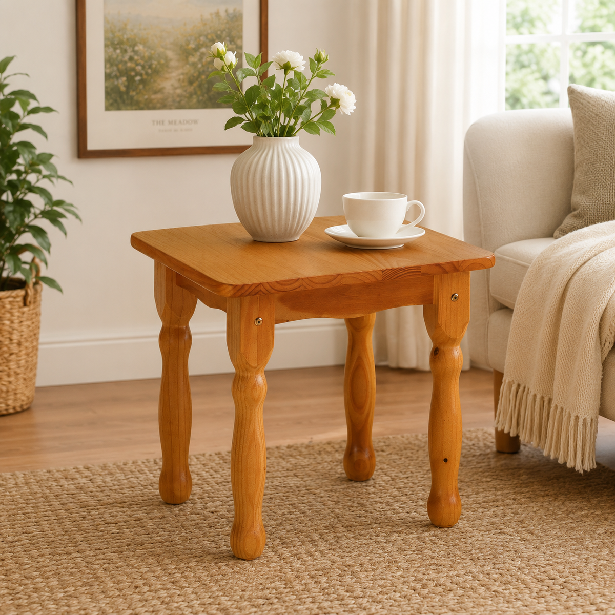 Mesa de centro de madera maciza Estilo clásico rústico, patas torneadas, acabado natural Ideal para salón o sala de estar