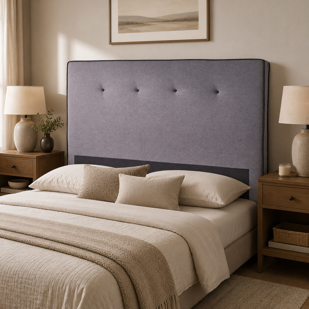 Cabezal tapizado en tela con 4 botones centrales decorativos – Estilo moderno y elegante