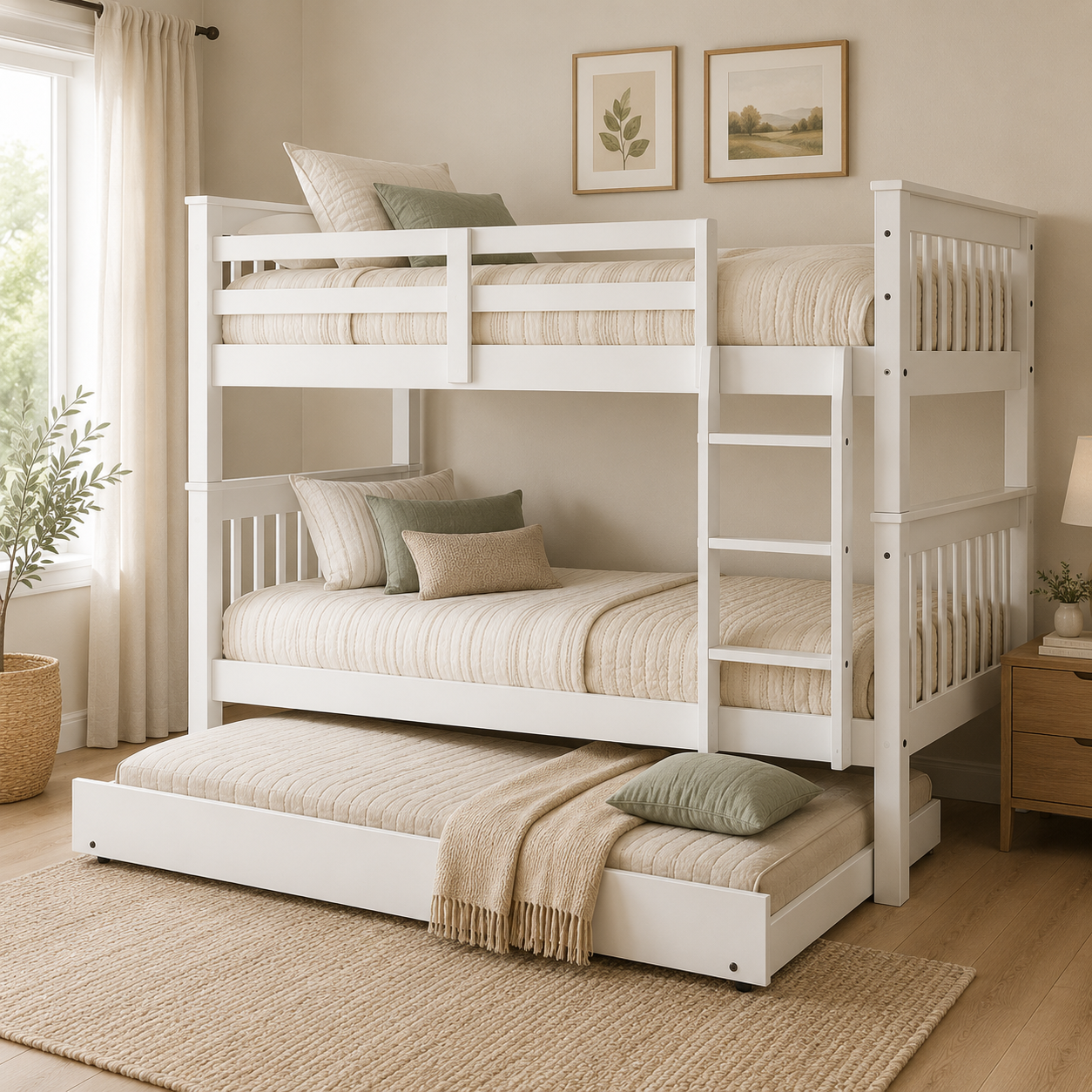 Litera de Madera Blanca con Cama Nido Inferior – 3 Camas Individuales