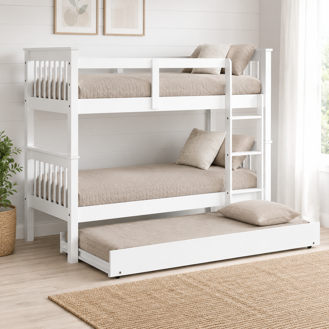 Litera de Madera Blanca con Cama Nido Inferior – 3 Camas Individuales
