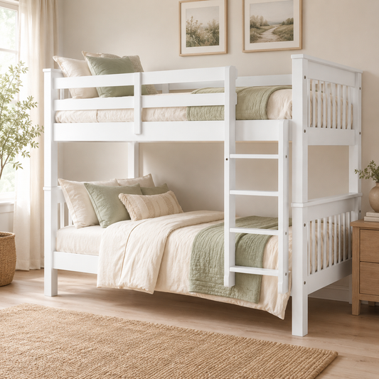 Litera de Madera Blanca 151x205x105 cm | Cama Doble Compacta con Escalera y Baranda de Seguridad | Diseño Moderno para Niños y Adultos - Buyqualia