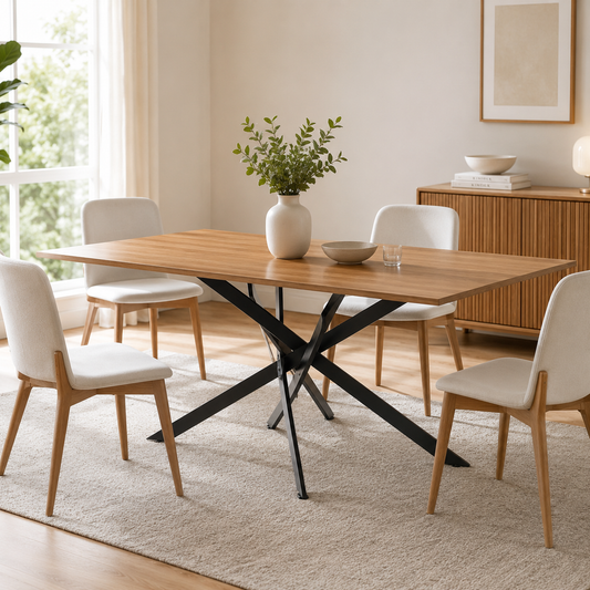 Mesa de comedor con tapa color safir y patas metálicas negras entrelazadas – Diseño moderno industrial, 73x160x90 cm - Buyqualia