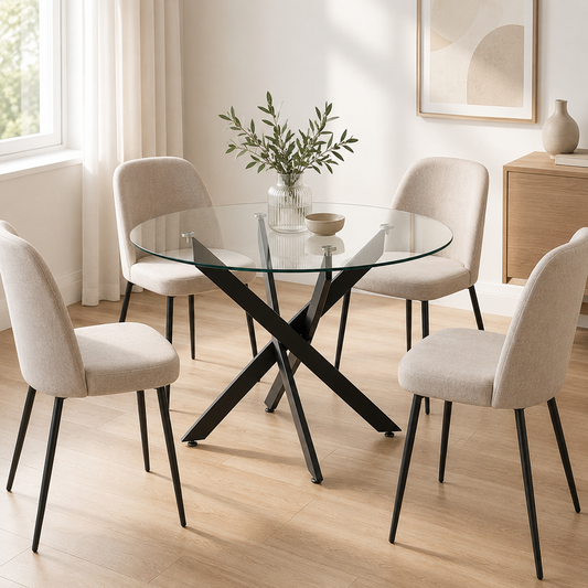 Mesa de comedor redonda con tapa de cristal y patas de metal negro – Diseño moderno y elegante, 75x110x110 cm - Buyqualia