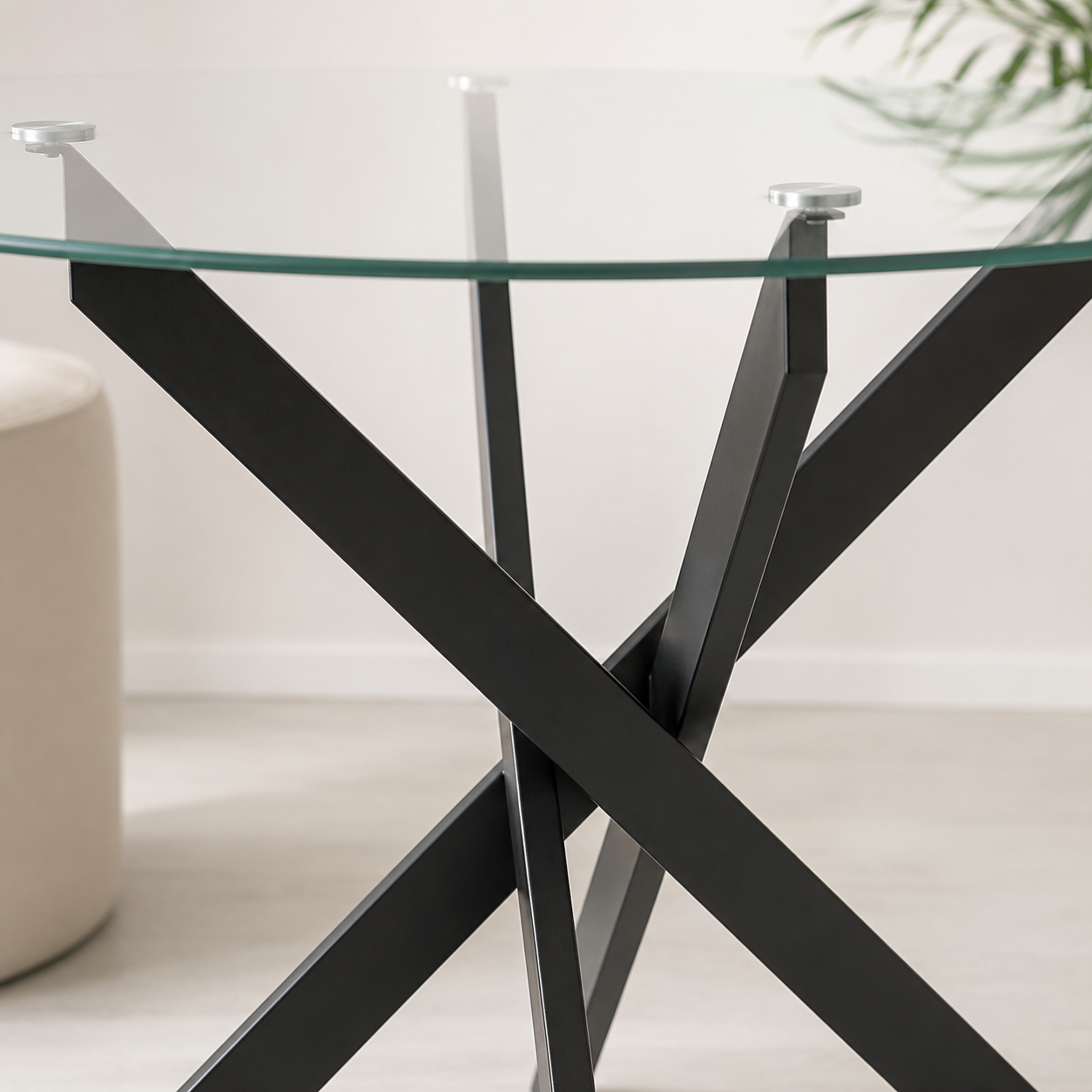 Mesa de comedor redonda con tapa de cristal y patas de metal negro – Diseño moderno y elegante, 75x110x110 cm - Buyqualia