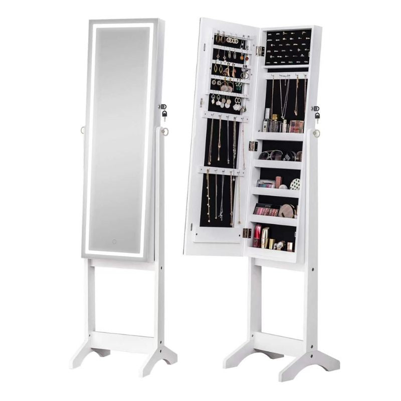 Espejo Joyero de Pie con Luz LED y Almacenamiento Interior – Espejo de Cuerpo Entero con Organizador para Joyas y Cosméticos, Color Blanco
