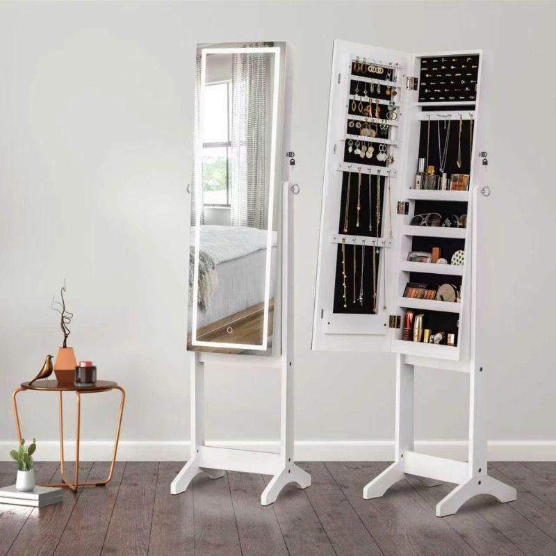 Espejo Joyero de Pie con Luz LED y Almacenamiento Interior – Espejo de Cuerpo Entero con Organizador para Joyas y Cosméticos, Color Blanco