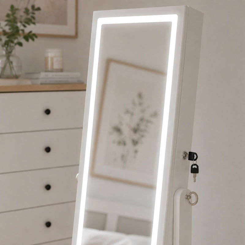 Espejo Joyero de Pie con Luz LED y Almacenamiento Interior – Espejo de Cuerpo Entero con Organizador para Joyas y Cosméticos, Color Blanco
