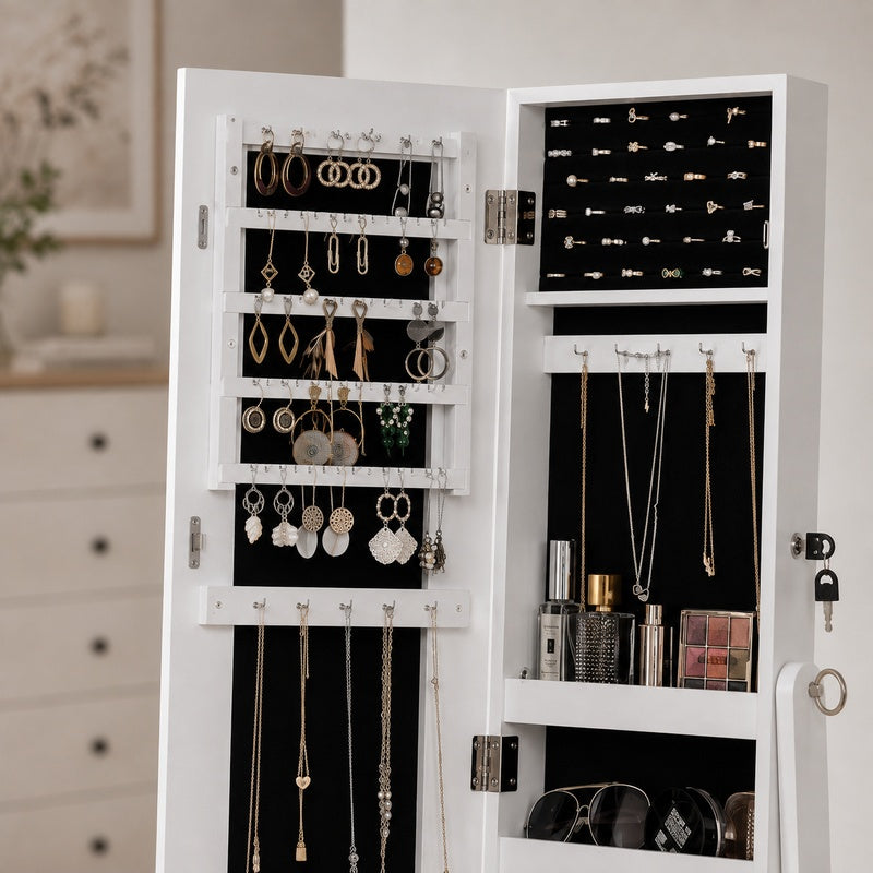 Espejo Joyero de Pie con Luz LED y Almacenamiento Interior – Espejo de Cuerpo Entero con Organizador para Joyas y Cosméticos, Color Blanco