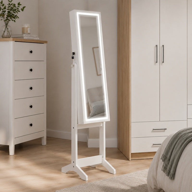 Espejo Joyero de Pie con Luz LED y Almacenamiento Interior – Espejo de Cuerpo Entero con Organizador para Joyas y Cosméticos, Color Blanco