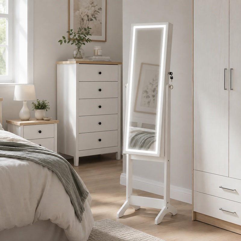 Espejo Joyero de Pie con Luz LED y Almacenamiento Interior – Espejo de Cuerpo Entero con Organizador para Joyas y Cosméticos, Color Blanco