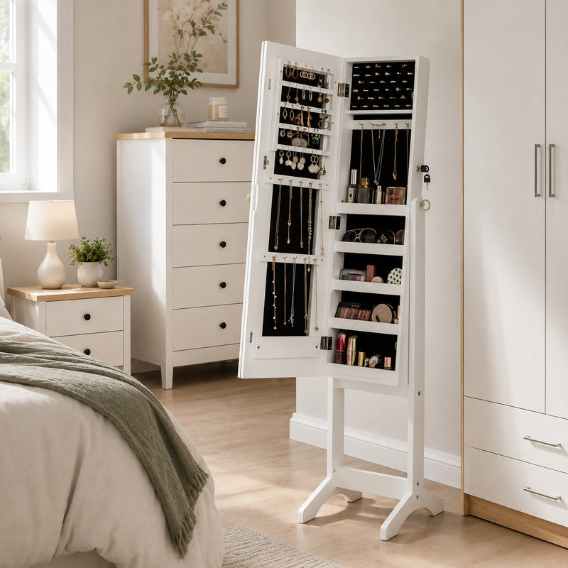 Espejo Joyero de Pie con Luz LED y Almacenamiento Interior – Espejo de Cuerpo Entero con Organizador para Joyas y Cosméticos, Color Blanco