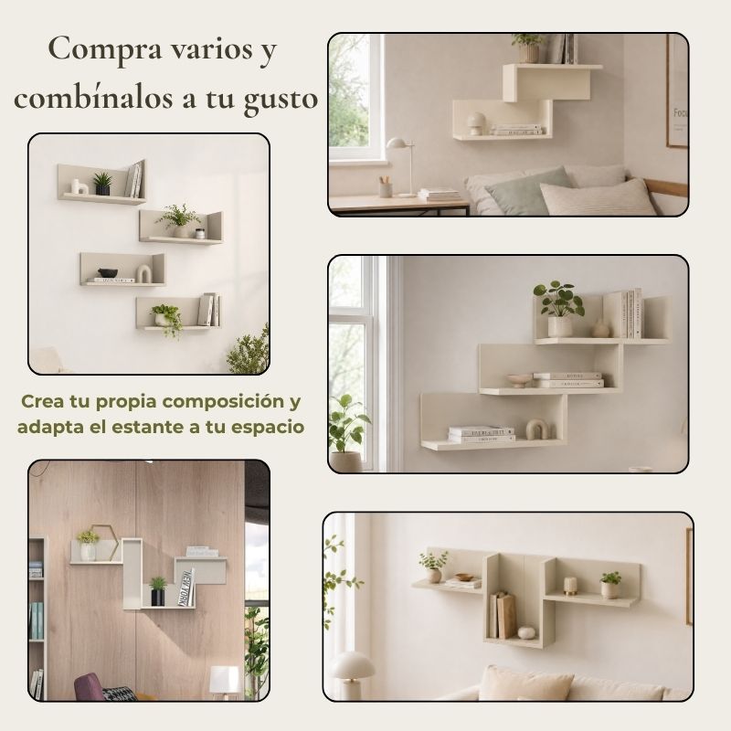 Estantería de Pared en Color Beige – 17x45x20 cm | Diseño Funcional con Balda Inferior y Balda Lateral Derecha - Buyqualia