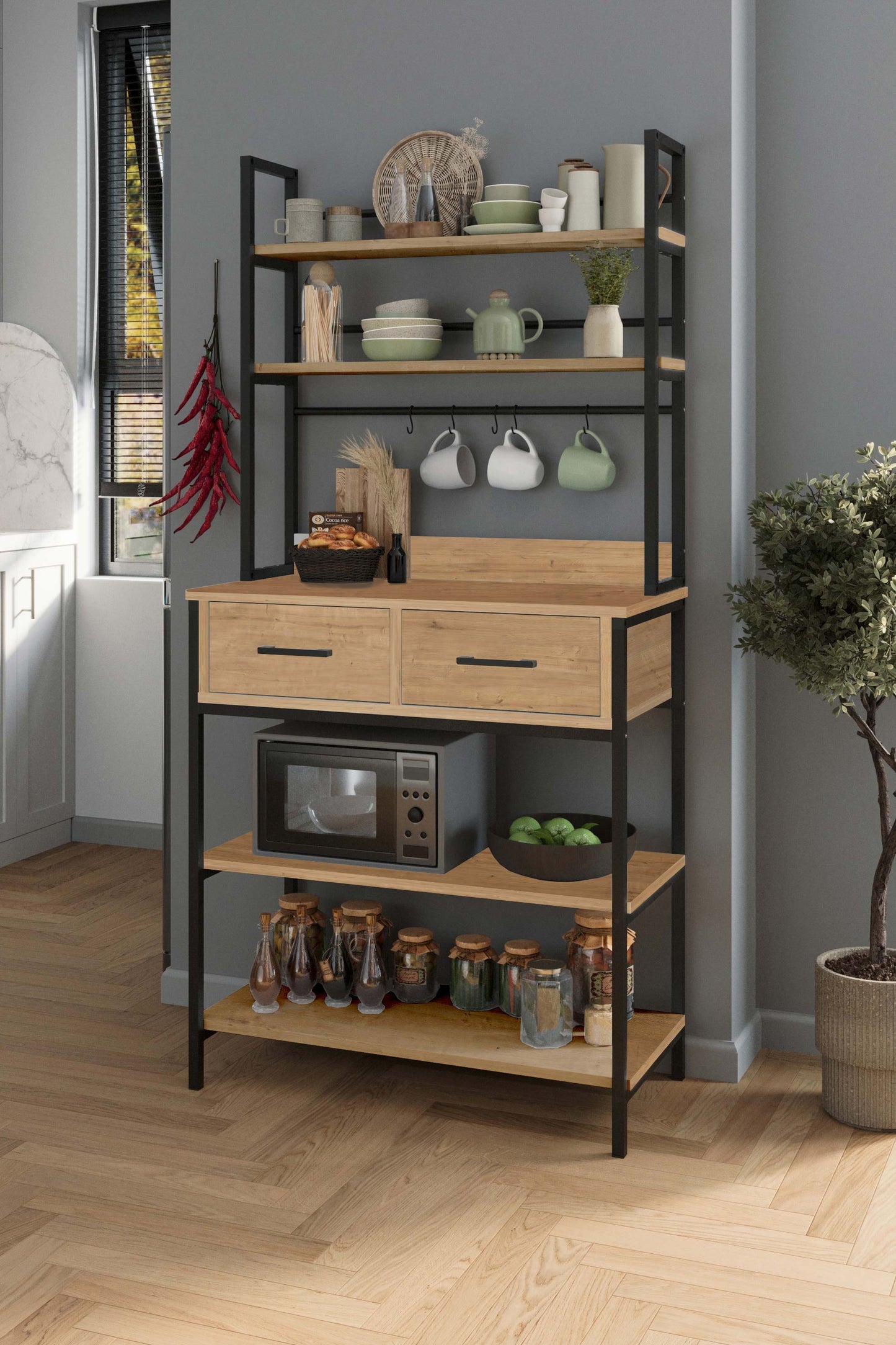 Estantería de Cocina Industrial con Cajones y Repisas de Madera | Mueble Auxiliar con Ganchos para Tazas, Almacenamiento de Microondas y Organizador de Cocina – Negro y Madera Natural - 169x81x38 cm - Buyqualia