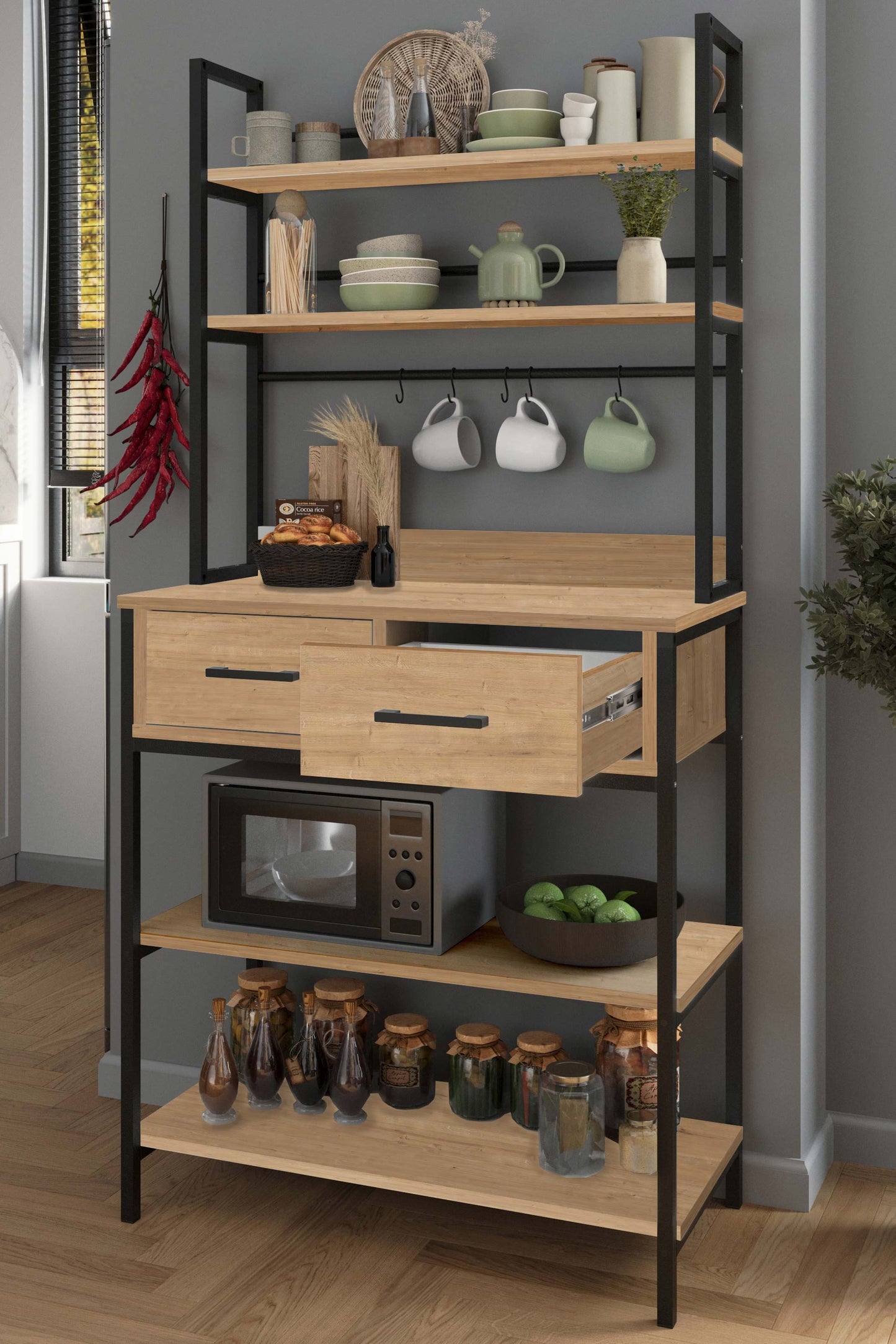 Estantería de Cocina Industrial con Cajones y Repisas de Madera | Mueble Auxiliar con Ganchos para Tazas, Almacenamiento de Microondas y Organizador de Cocina – Negro y Madera Natural - 169x81x38 cm - Buyqualia