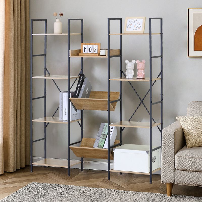 Estantería Modular Triple Industrial con Estructura Metálica 150x125x27 cm - 8 Baldas y 3 Cajones Abiertos - Diseño Moderno para Salón, Despacho o Comedor - Marca Buyqualia