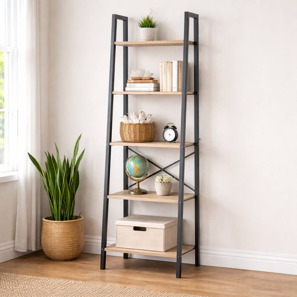 Estantería alta tipo escalera con estructura metálica (170x60x35) y 5 baldas