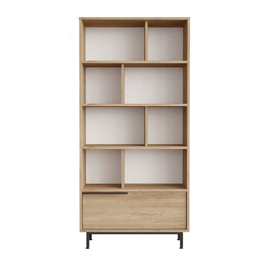 Librero moderno tipo madera con entrepaños y gabinete inferior