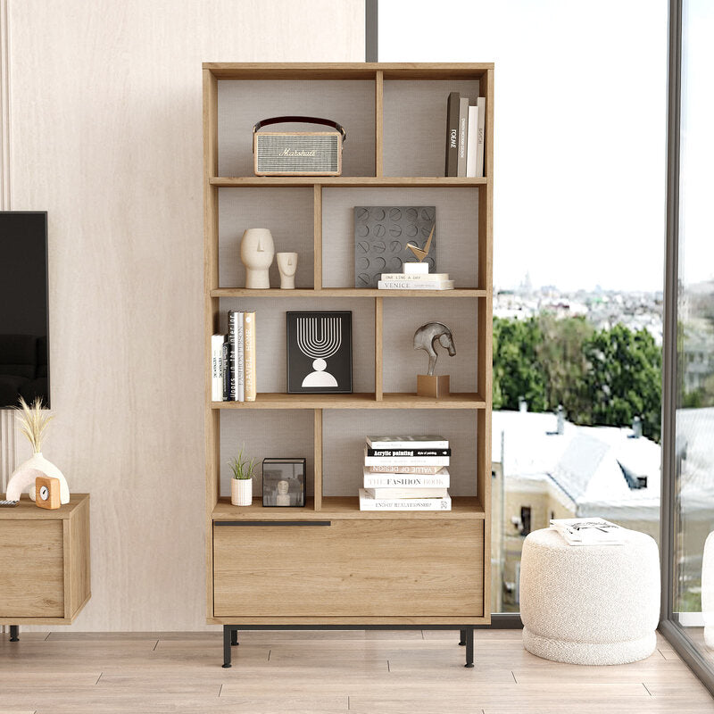 Librero moderno tipo madera con entrepaños y gabinete inferior
