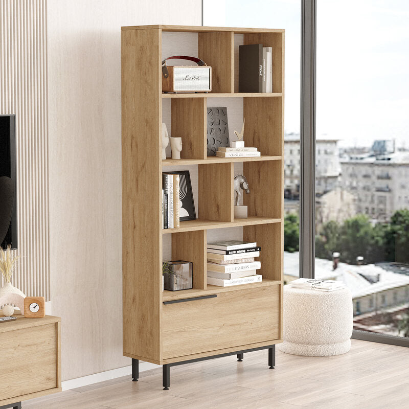 Librero moderno tipo madera con entrepaños y gabinete inferior