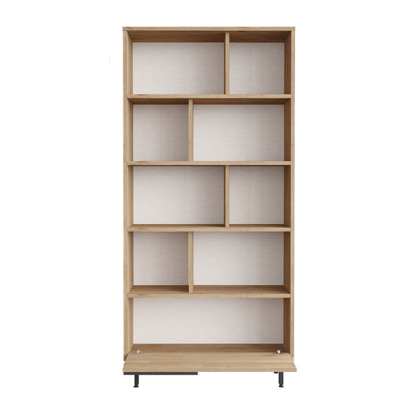 Librero moderno tipo madera con entrepaños y gabinete inferior