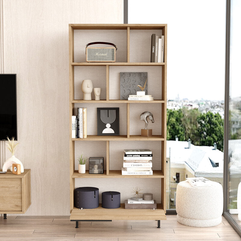 Librero moderno tipo madera con entrepaños y gabinete inferior