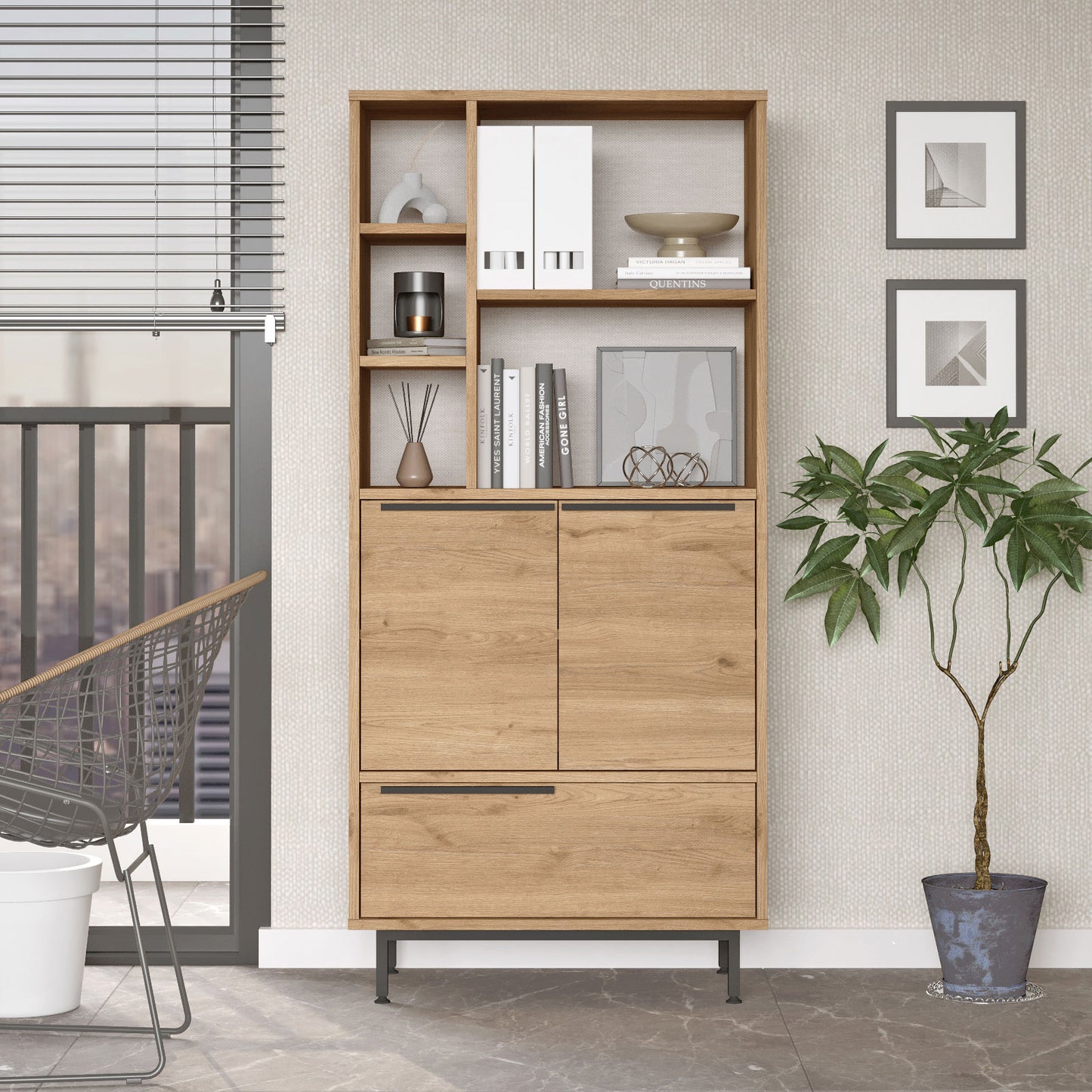 Vitrina librero moderna tipo madera con puertas y espacios de almacenamiento